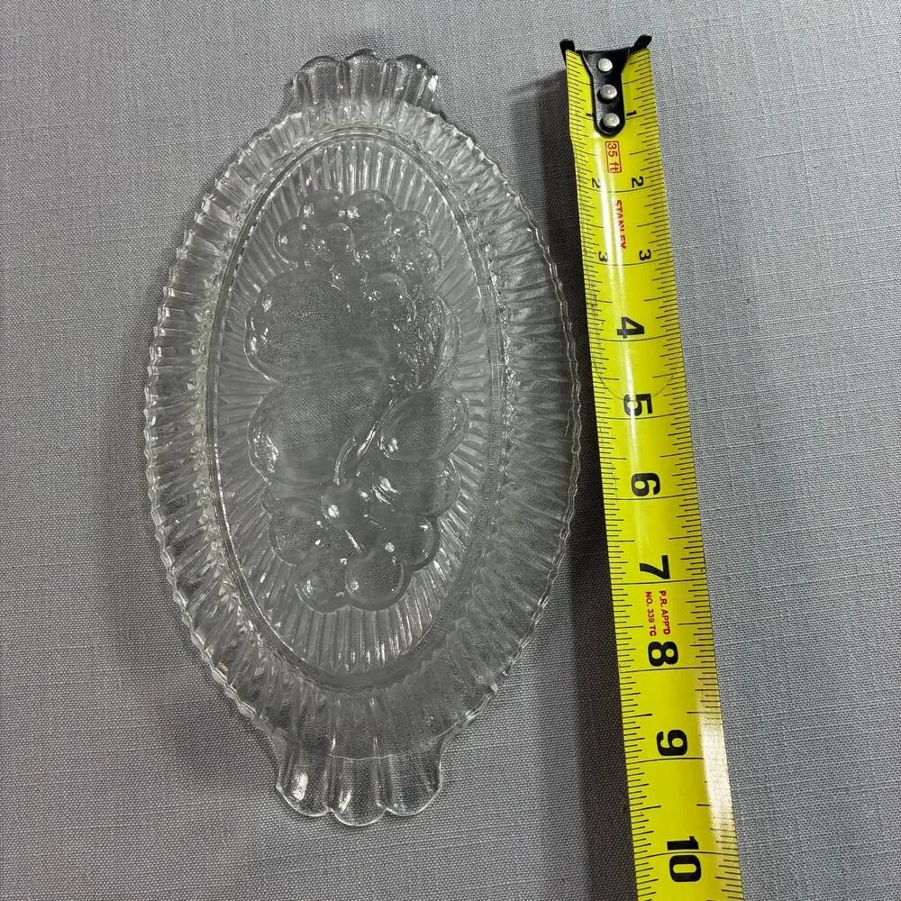 Vintage Clear Pressed Glass Relish Tray Fruit Pattern Oval Serving Dish 9.5 Inch